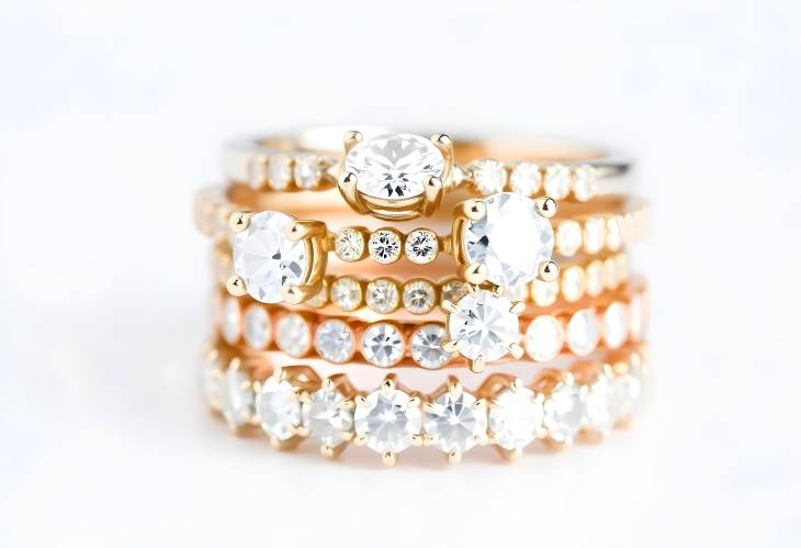 Artistic Presentation of Stacked Diamond Rings in Gold Variations